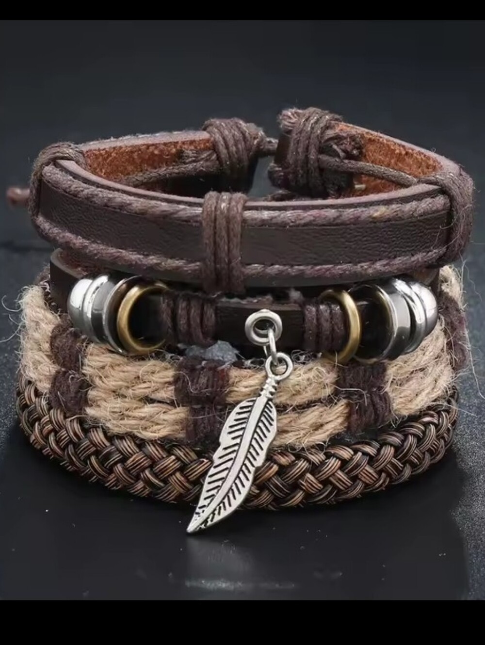 Men's Bracelets Leather‎ 4pc Set Braided Layered Brown New G10